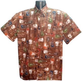 Retro Brown Vintage Guitar Hawaiian Shirt- Made in USA- 100% Cotton